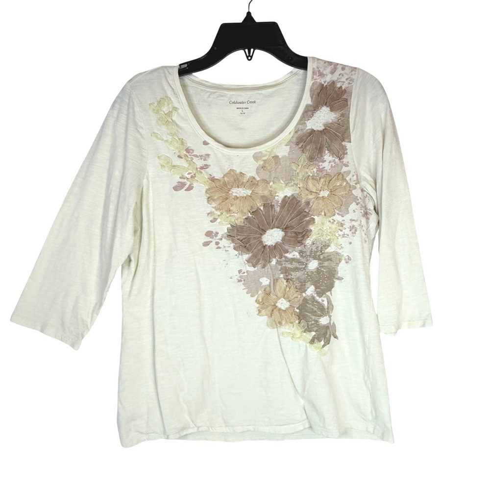 Coldwater‎ Creek Floral Applique Top Women L Cream 3/4 Sleeve EUC Beaded Slub